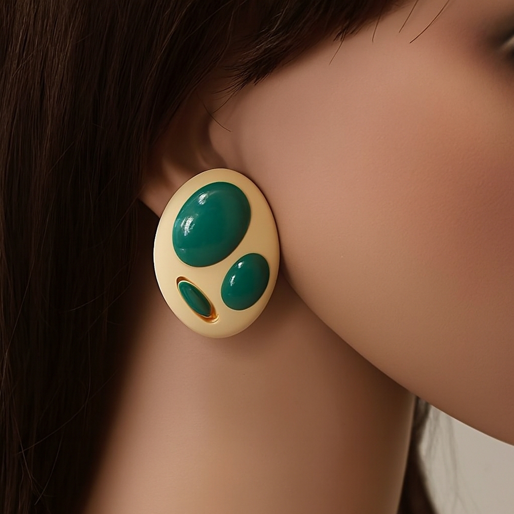 Geometric Oval Earrings | Cream & Green, 0.9-Inch | Women’s Fashion Jewelry